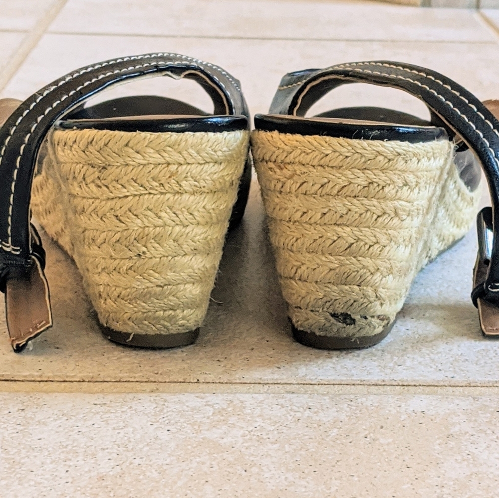 Black Franco Sarto Leather Wedge Peep Toe Sandal 7 - Picture 4 of 8